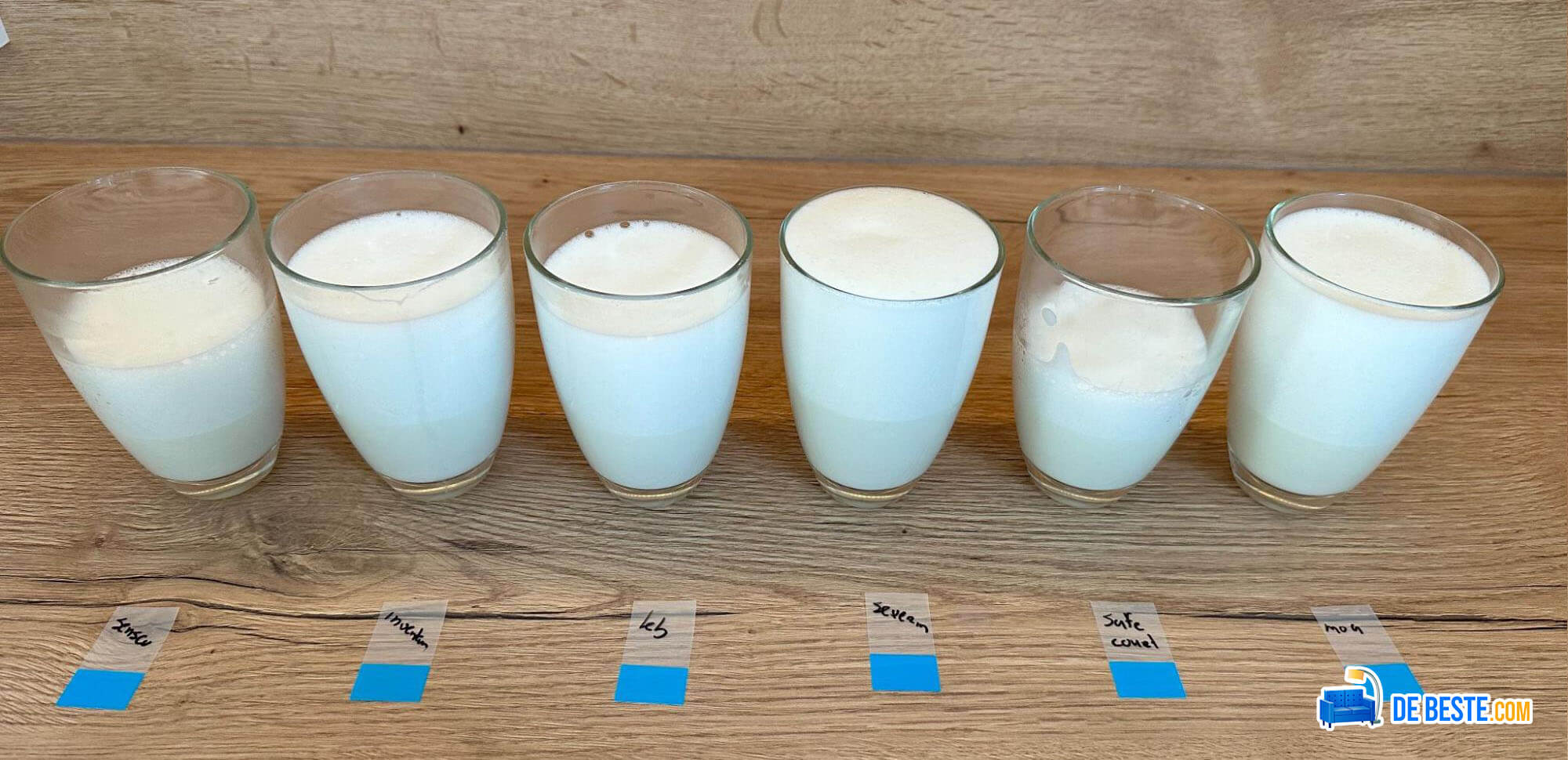 Op een tafel staan vijf glazen melk opgesteld.