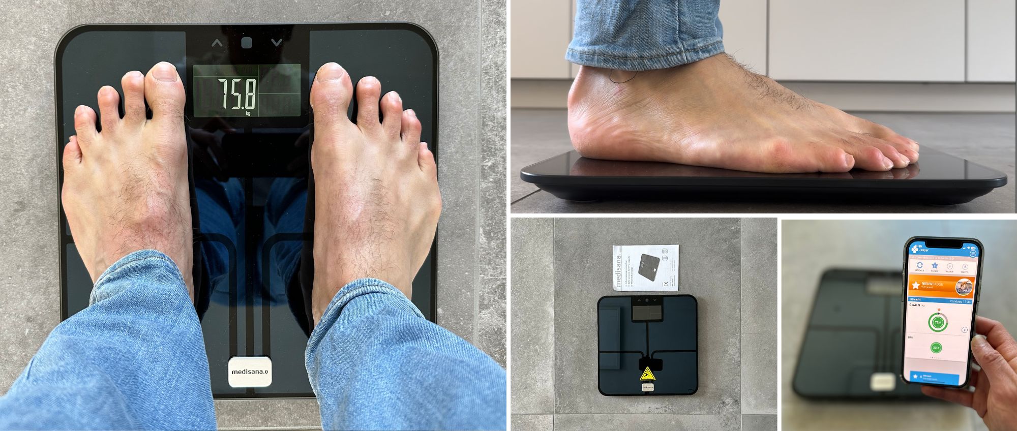 Een verzameling foto's waarop de voeten van een persoon op een digitale schaal te zien zijn.
