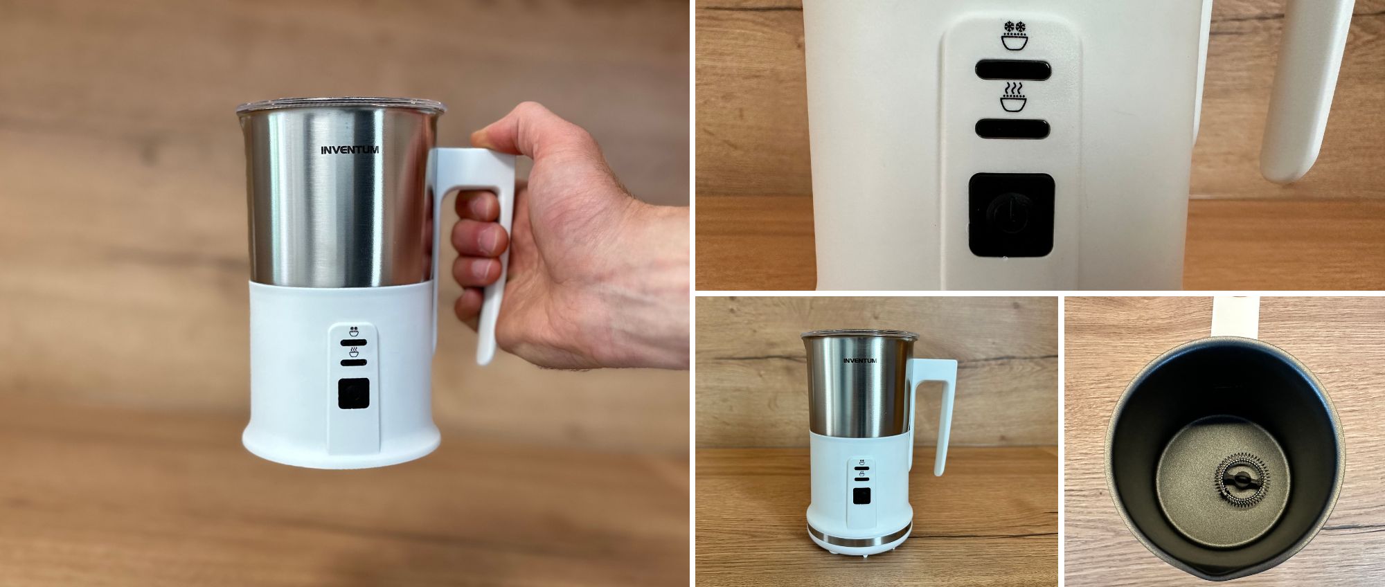 Een serie foto's van een koffiezetapparaat en een hand die het vasthoudt.