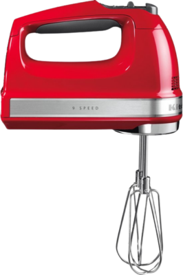Een kitchenaid mixer met een rood handvat.